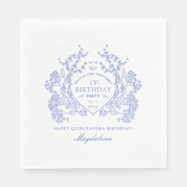 Serviette En Papier Quinceanera bleu français Floral Crest Custom (Devant)