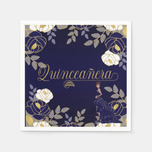Serviette En Papier Quinceanera botanique en blanc et bleu marine