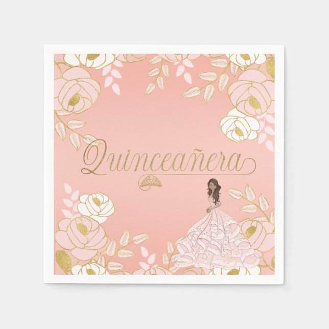Serviette En Papier Quinceanera botanique en rose et or blanc (Devant)