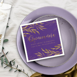 Serviette En Papier Quinceanera élégant feuille violette et or