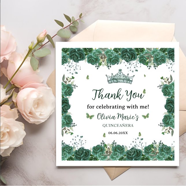 Serviette En Papier Quinceañera Emerald Green Floral Butterflies Tiara (Créateur téléchargé)