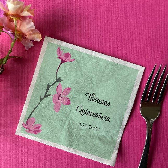 Serviette En Papier Quinceanera en fleurs de cerisier rose et menthe v (Créateur téléchargé)