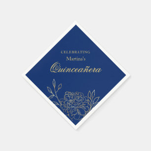 Serviette En Papier Quinceanera Fleurs Bleu Royal et Or 15e Anniversai