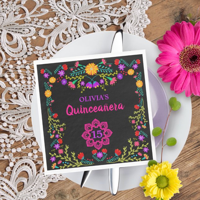 Serviette En Papier Quinceanera Fleurs de Fiesta Mexicaines Noir Anniv (Quinceanera napkins from my Mexican Fiesta Floral collection
)