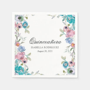 Serviette En Papier Quinceañera florale bleu et turquoise