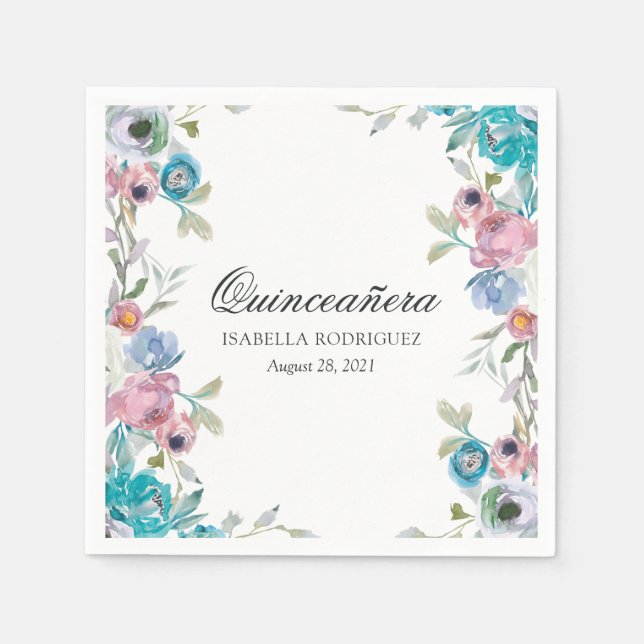 Serviette En Papier Quinceañera florale bleu et turquoise (Devant)