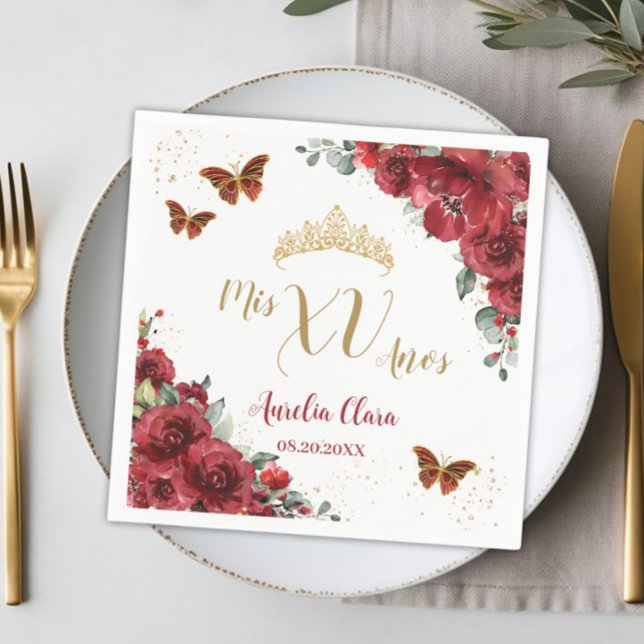 Serviette En Papier Quinceanera Florale Rouge Papillons d'or d'anniver (Créateur téléchargé)