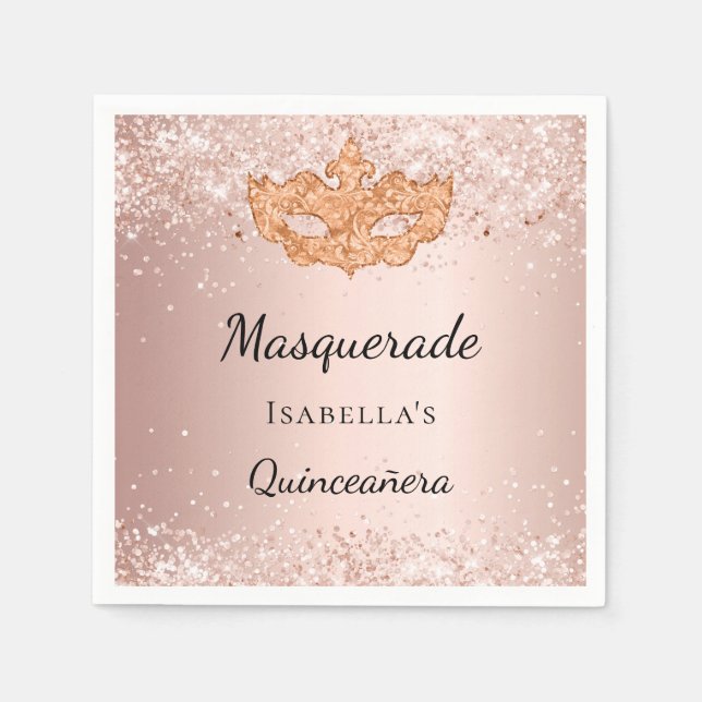 Serviette En Papier Quinceanera mascarade d'or rose (Devant)