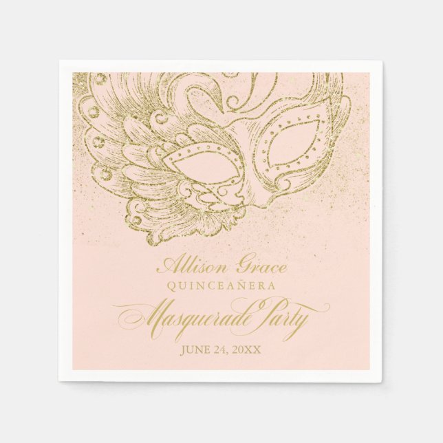 Serviette En Papier Quinceanera Masquerade Party Gold rose (Devant)