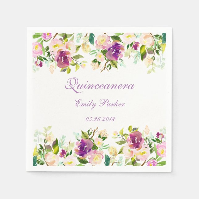 Serviette En Papier Quinceanera Napkin violet floral élégant (Devant)