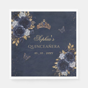 Serviette En Papier Quinceañera papillon floral or et marine