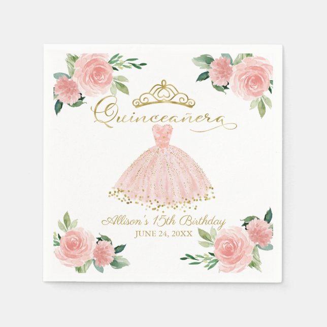 Serviette En Papier Quinceanera Party Blush Gown rose Floral Napkins (Devant)