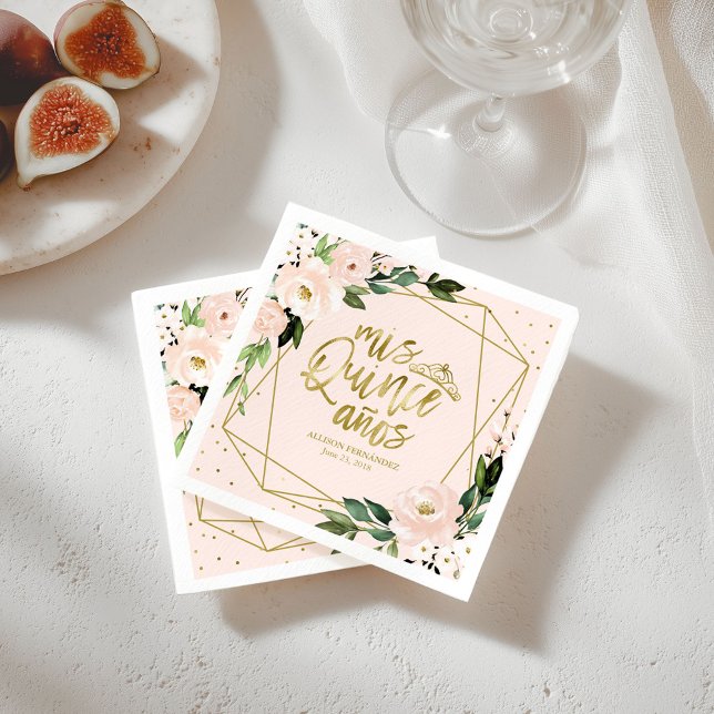Serviette En Papier Quinceanera Party Gold Foil Blush Rose Floral (Créateur téléchargé)