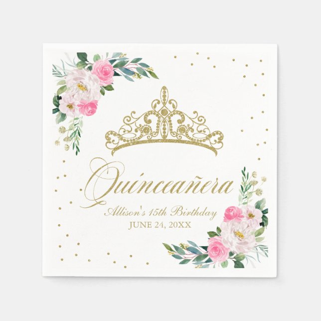 Serviette En Papier Quinceanera Party Gold Tiara Hot rose Floral (Devant)