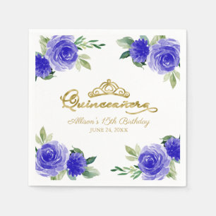 Serviette En Papier Quinceanera Party Gold Tiara Royal Blue Floral