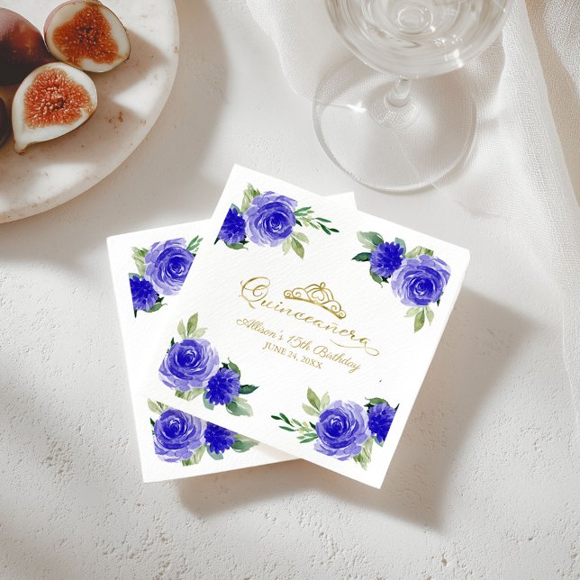 Serviette En Papier Quinceanera Party Gold Tiara Royal Blue Floral (Créateur téléchargé)