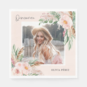Serviette En Papier Quinceañera Pink girly floral photo anniversaire 