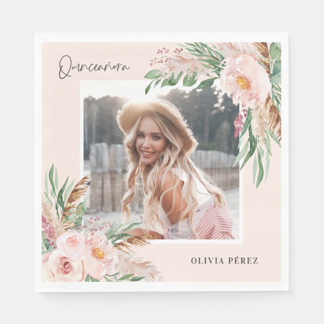 Serviette En Papier Quinceañera Pink girly floral photo anniversaire I (Devant)
