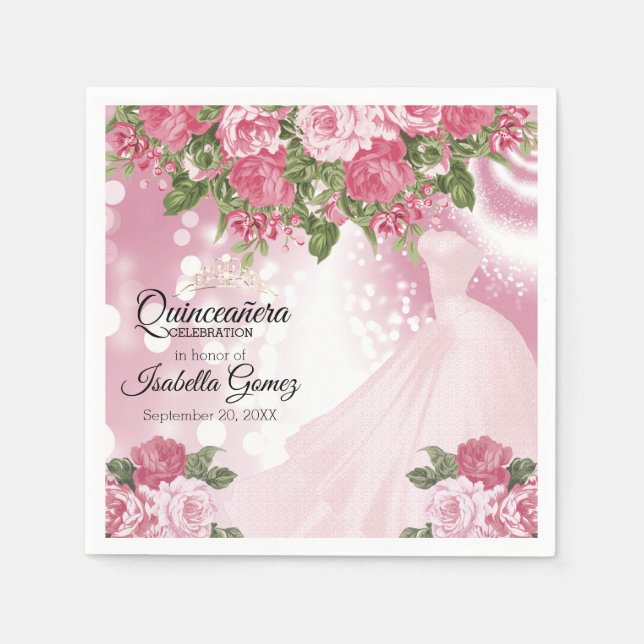 Serviette En Papier Quinceañera Pink Mauve Gown and Flowers (Devant)