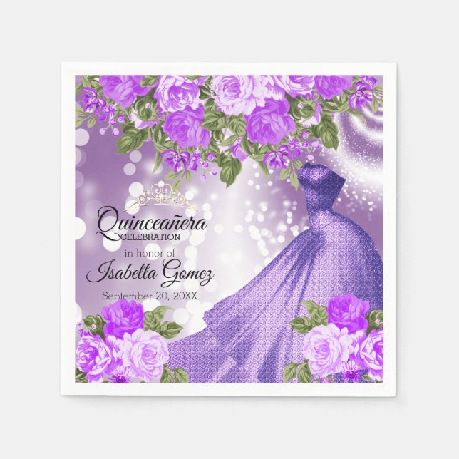 Serviette En Papier Quinceañera Purple Gown et Fleurs (Devant)