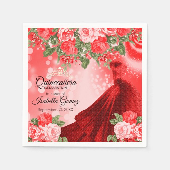 Serviette En Papier Quinceañera Red Gown et Fleurs (Devant)