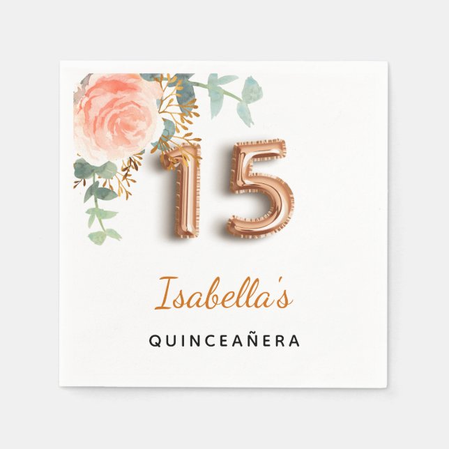 Serviette En Papier Quinceanera rose floral or eucalyptus monogramme (Devant)