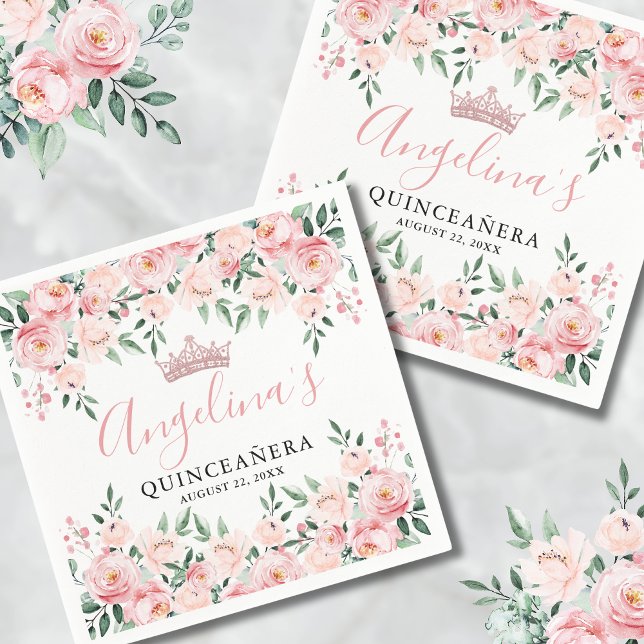 Serviette En Papier Quinceañera rose florale (Floral Pink Quinceañera Napkins)
