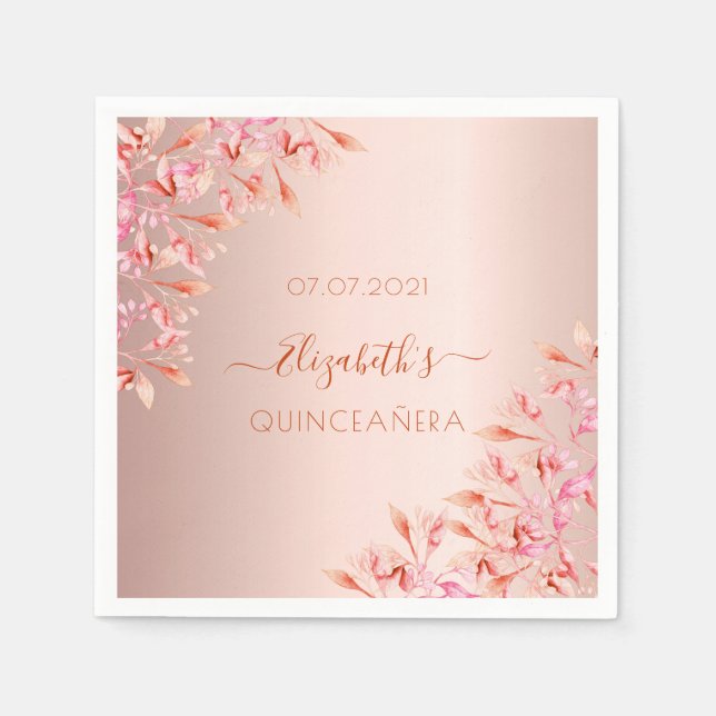Serviette En Papier Quinceanera rose or rose fleurons botanique (Devant)