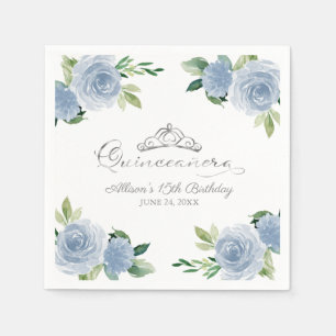 Serviette En Papier Quinceanera Silver Foil Tiara Bleu clair Floral