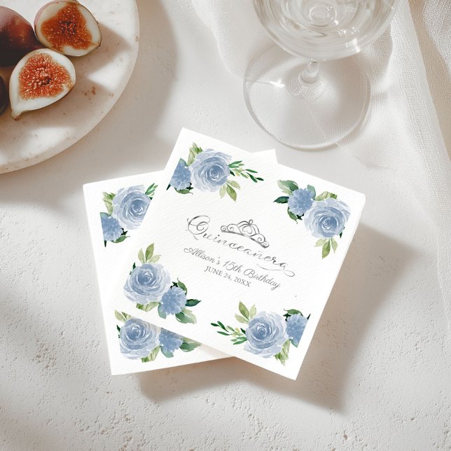 Serviette En Papier Quinceanera Silver Foil Tiara Bleu clair Floral (Créateur téléchargé)