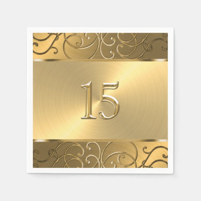 Serviette En Papier Quinceanera Toute Gold Filigree Swirl bordure (Devant)