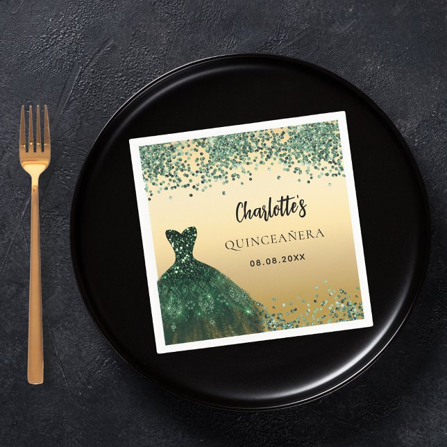Serviette En Papier Quinceanera vert émeraude robe or (Créateur téléchargé)