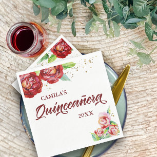 Serviette En Papier Quinceanera Vintage Rouge Rose Doré Floral Personn