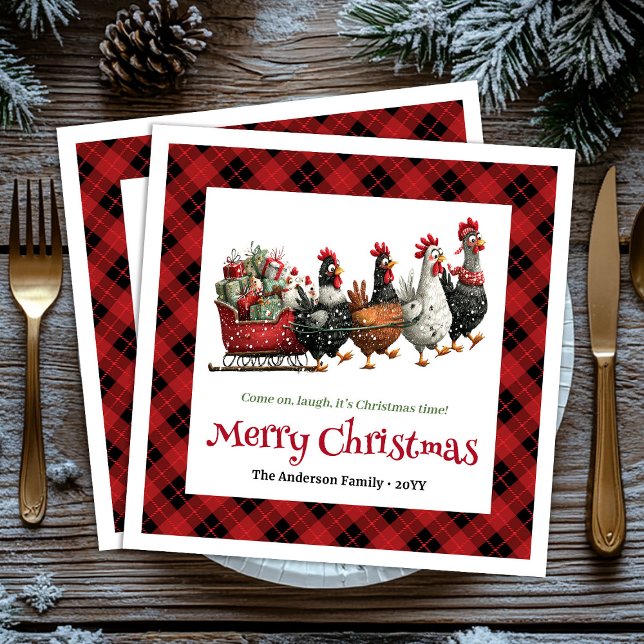 Serviette En Papier Quirky Christmas chickens napkin custom name edit (Rustic Funny Chickens Personalized Watercolor Holiday Christmas Napkins

)