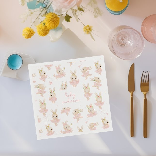 Serviette En Papier Rabbit rose Ballerina Tutu Baby shower (custom baby shower napkins with watercolor rabbit ballerina illustrations)