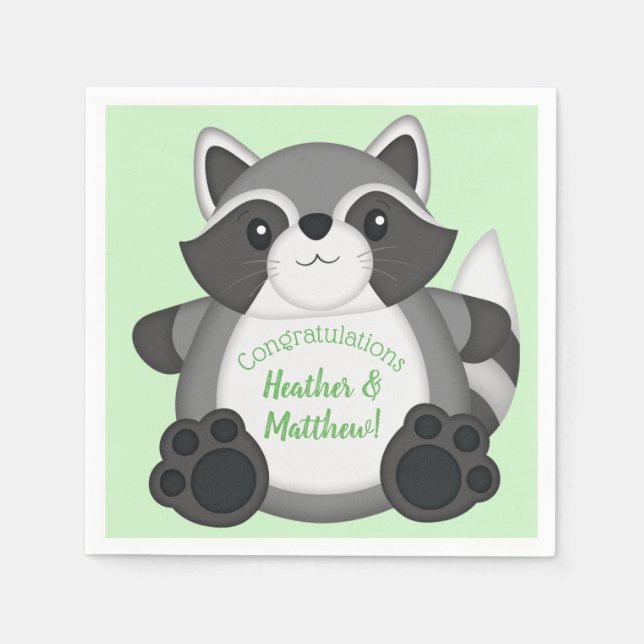 Serviette En Papier Raccoon Baby shower vert (Devant)