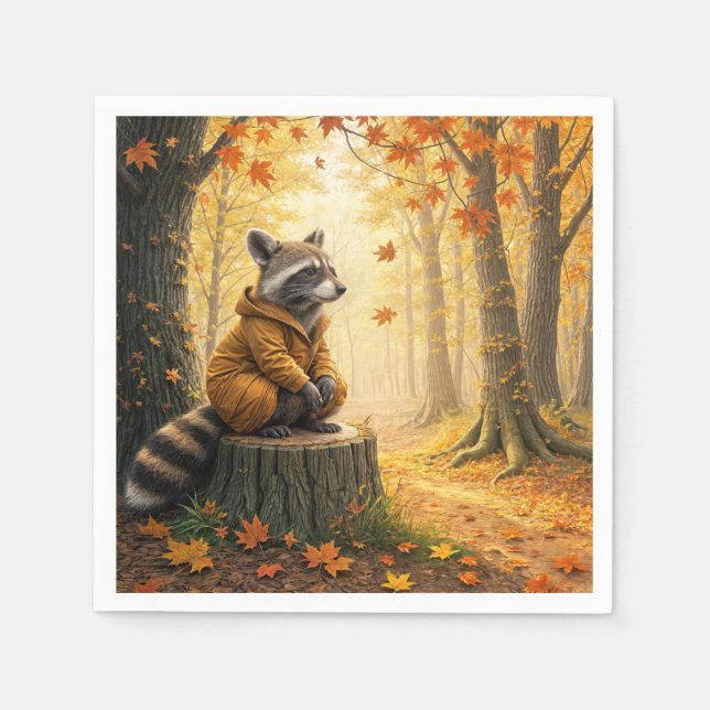 Serviette En Papier Raccoon d'automne assis sur une souche d'arbre (Devant)