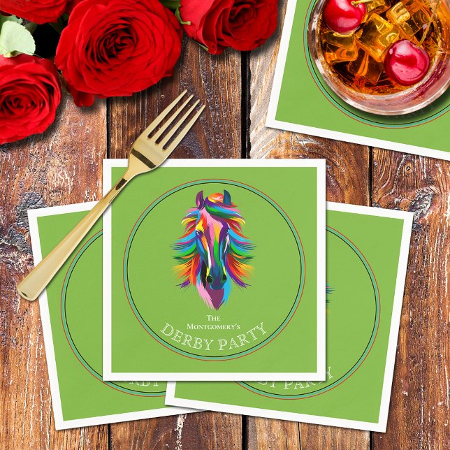 Serviette En Papier Racehorse Coloré Derby Party Vert (Colorful racehorse on green Derby party cocktail napkins)