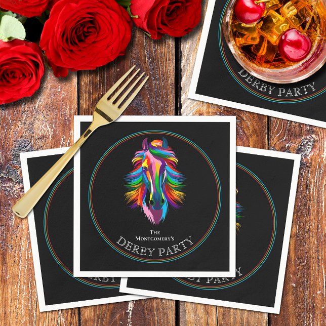 Serviette En Papier Racehorse de couleur Derby Party (Colorful racehorse on black Derby party cocktail napkins)