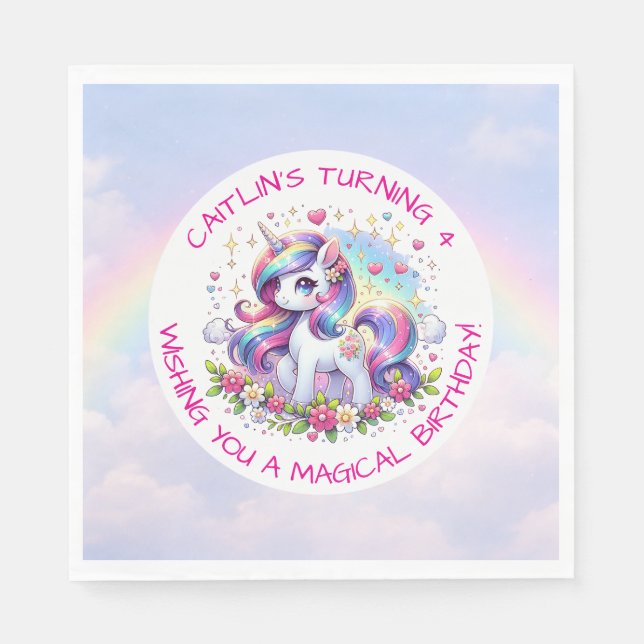 Serviette En Papier Rainbow Unicorn Girl's Birthday Party Personalized (Devant)
