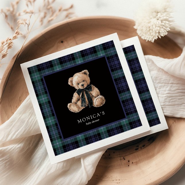Serviette En Papier Ralph Teddy Bear Navy Green Plaid Baby Shower (ralph teddy bear napkins baby shower plaid)