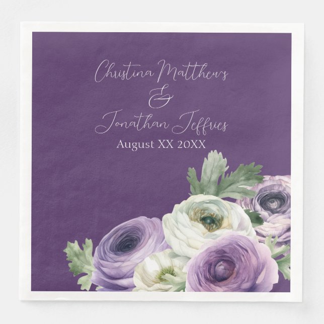 Serviette En Papier Ranunculus aquarelle romantique sur fond violet fo (Devant)