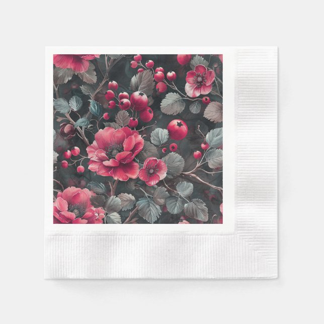 Serviette En Papier Raspberry, burgundy flowers on dark gray (Devant)
