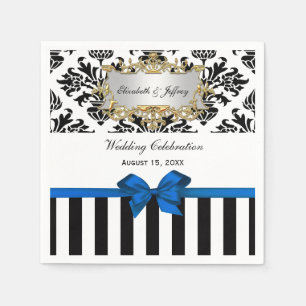 Serviette En Papier Rayure Noir Blanc Damassé Ruban Bleu