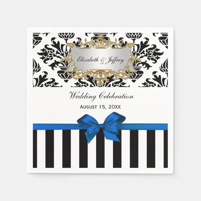 Serviette En Papier Rayure Noir Blanc Damassé Ruban Bleu (Devant)