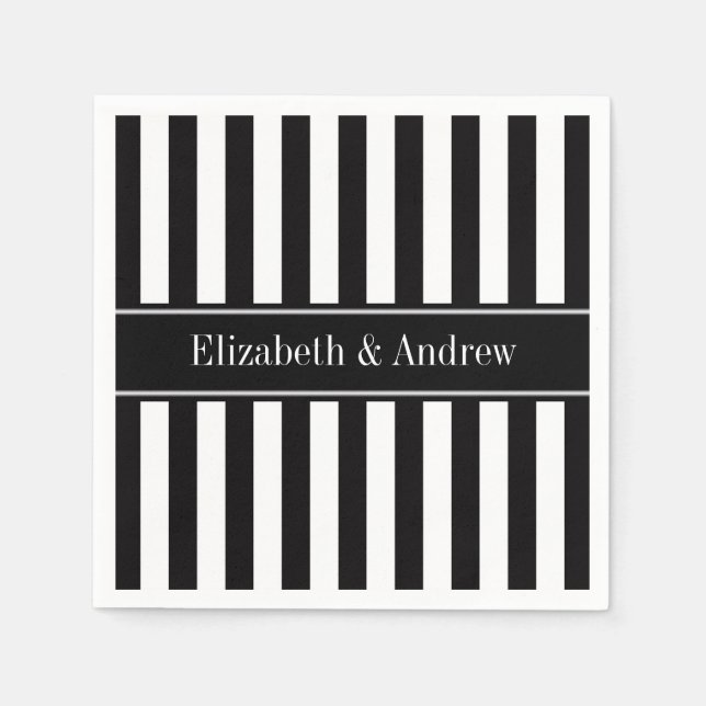 Serviette En Papier Rayure Noir Blanc Noir Monogramme Nom (Devant)