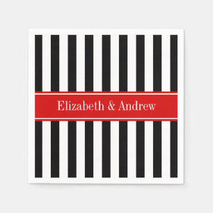 Serviette En Papier Rayure Noir Blanc Ruban Rouge Nom Monogramme