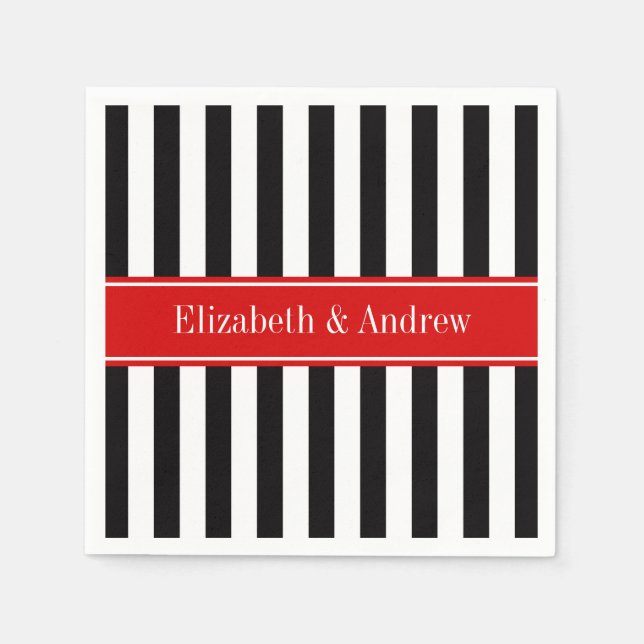 Serviette En Papier Rayure Noir Blanc Ruban Rouge Nom Monogramme (Devant)