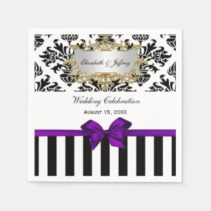 Serviette En Papier Rayure noire et blanche Damassé Ruban violet