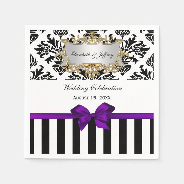 Serviette En Papier Rayure noire et blanche Damassé Ruban violet (Devant)